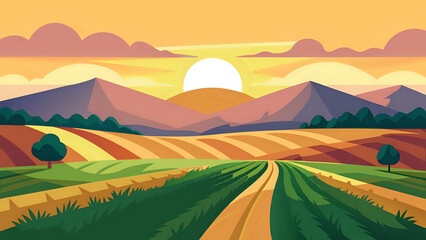 landscape with mountains, Wide landscape of open farmland with crops, distant hills, and a warm golden sunrise  illustration style
