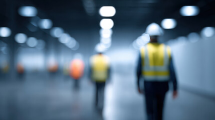 Construction workers wearing safety vest and helmet walking inside industrial building with bright ceiling lights