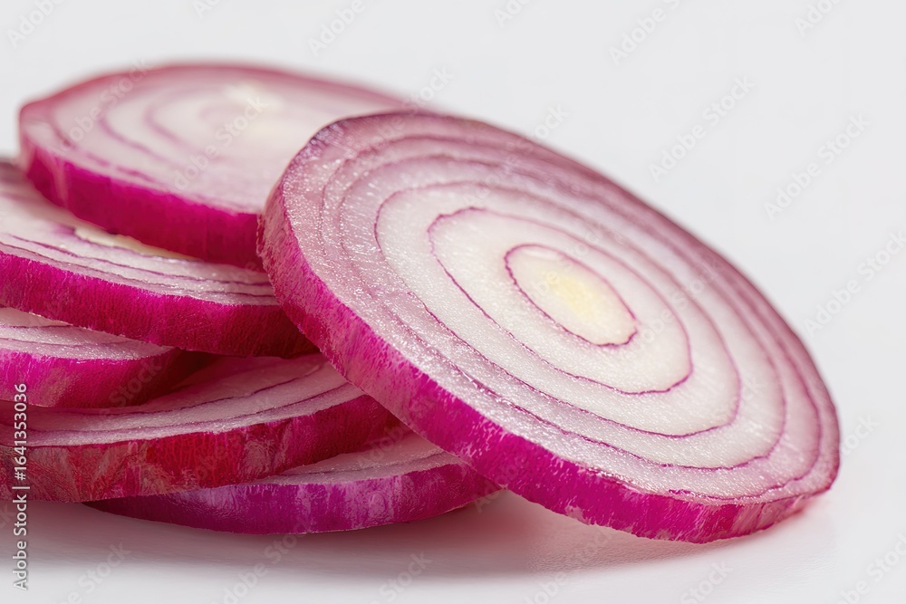 Poster sliced red onions arranged neatly on a clean surface showcasing their vibrant color and texture