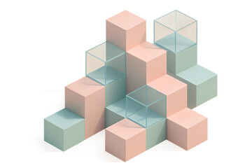 Fototapeta premium Pastel Geometric Cubes in Abstract 3D Arrangement with Floating Transparent Elements