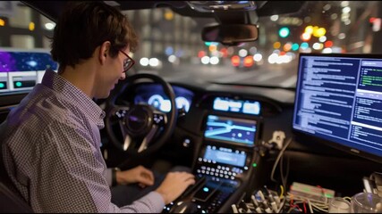 Engineer tests automated vehicle technology at night in urban environment while monitoring systems - Powered by Adobe