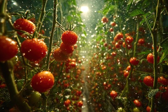 Fresh tomatoes growing in a greenhouse with mist and water droplets during the early morning hours
