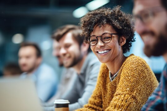 Engaged young woman smiles during a collaborative work session in a modern office environment