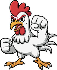 Cartoon fighting rooster with fists raised, aggressive farm bird in combat stance, anthropomorphic animal character, humorous illustration concept