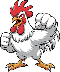 Cartoon fighting rooster, red comb and wattle, white feathers, clenched fists, aggressive pose, yellow legs, dynamic farm character