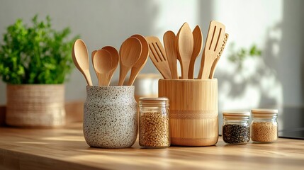 Wooden kitchen utensils and cereals in zero waste kitchen