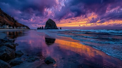 Dramatic sunset over Haystack Rock, Oregon coast.  Ocean waves reflect vibrant colors