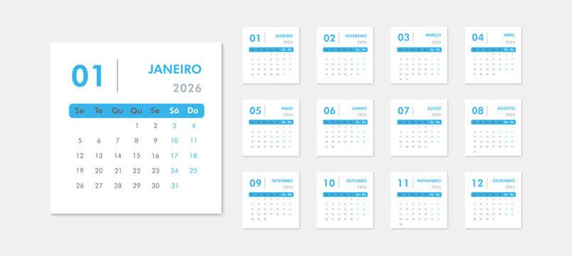 Blue portuguese calendar for 2026. Large month of January on left, thumbnails of all months on right, Monday week start