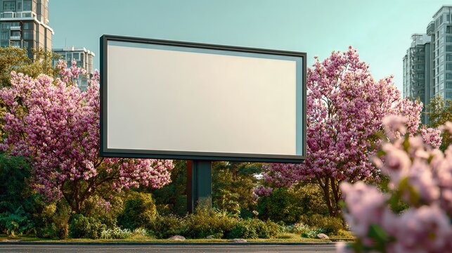 Billboard Mockup in Spring Setting with Blossoming Trees, Ideal for Outdoor Advertising Campaigns and Design Templates - Powered by Adobe