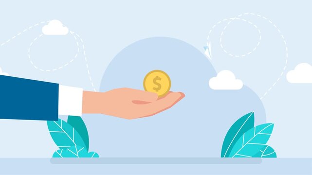 A hand with a gold coin appears on one side. A businessman with an outstretched hand. Bankruptcy. There is a dollar sign on the coin. Taxes. A young office worker receives a salary. 2d flat animation.