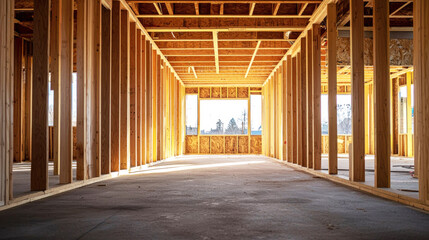 A wooden hallway with exposed beams and a window, with a concrete floor and a wooden floor.