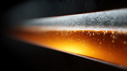 Immersion cooling tank with bubbling liquid inside metal container, showing close up details and warm glowing orange light
