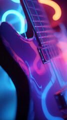 Obraz premium Electric guitar with neon pink and blue light reflections. Modern musical instrument in a dark club setting for a concert background