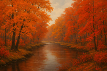Autumn's River: A picturesque river snakes its way through a vibrant autumn forest, adorned with fiery red and orange foliage that reflects serenely in the water.