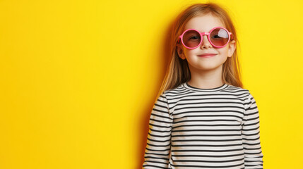 Fototapeta premium Cheerful young girl wearing round pink sunglasses and striped shirt stands confidently against bright yellow background with joyful expression