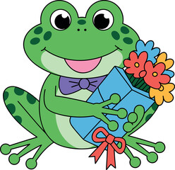 Cartoon frog with flower bouquet, green body, dark green spots, large expressive eyes, purple bow tie, smiling face, red orange blue flowers, blue wrap with red ribbon