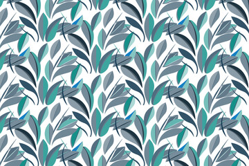 Abstract modern leaf pattern design with vibrant green, navy, and pink tones, ideal for contemporary wallpaper and fabric design.