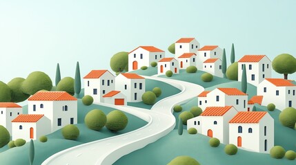 Fototapeta premium Charming Stylized Village with Curved Pathway and Lush Greenery