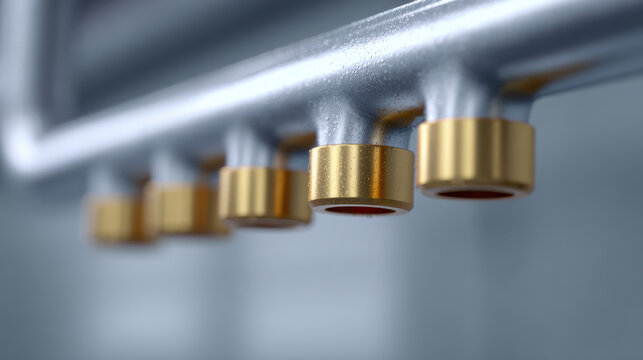 Liquid cooling manifold assembly with metallic pipes and gold connectors, industrial equipment detail with smooth texture and precise engineering