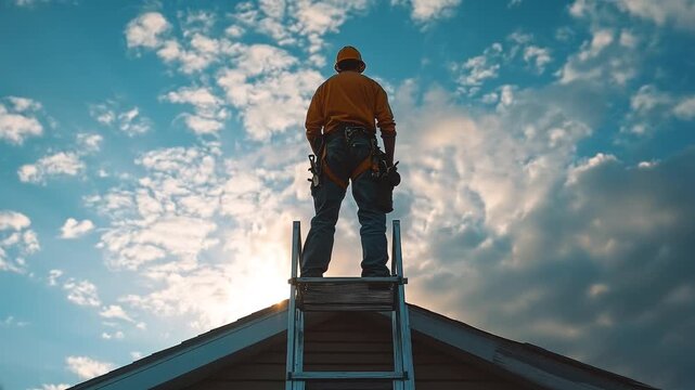 A roofer standing on a ladder with a sunset backdrop and a dramatic sky.