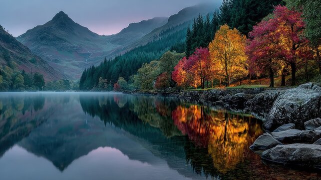 Autumnal lake reflecting vibrant mountain range at dawn - Powered by Adobe