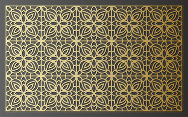 Golden decorative panel with repeating floral pattern, intricate geometric design, laser cut style vector