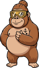 Cartoon gorilla upright, brown fur, large belly, anchor tattoo, bun hairstyle, human-like features, chest pose, fun character, jungle theme, playful design