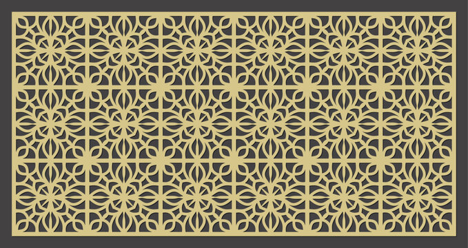 Intricate geometric laser cut pattern with repeating floral motifs in a rectangular panel design vector