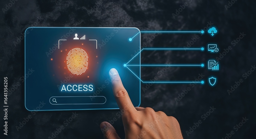 Poster fingerprint access control interface with cloud connectivity and data protection on a dark backgroun
