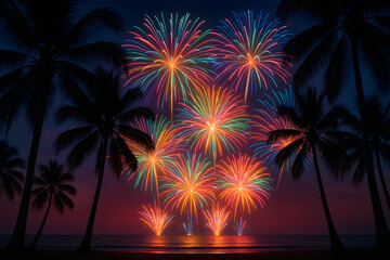 Obraz premium Fireworks Over the Palms: A vibrant display of fireworks illuminates the night sky, bursting above a silhouette of palm trees. creating a celebratory atmosphere above the tranquil ocean.