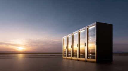 Server rack with glowing lights reflecting golden hour sunset on glass doors in outdoor setting, symbolizing technology and innovation