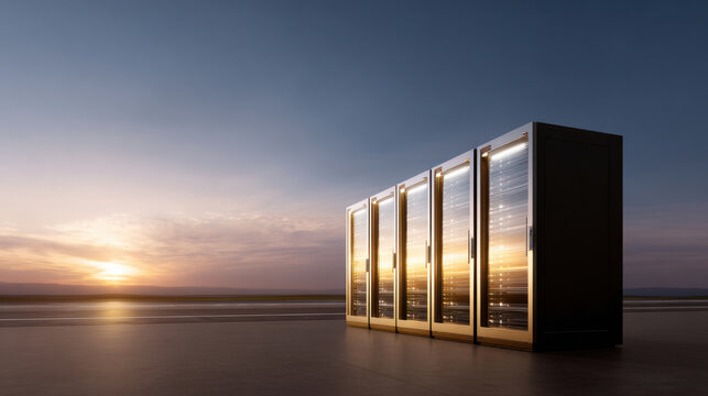 Server rack with glowing lights reflecting golden hour sunset on glass doors in outdoor setting, symbolizing technology and innovation