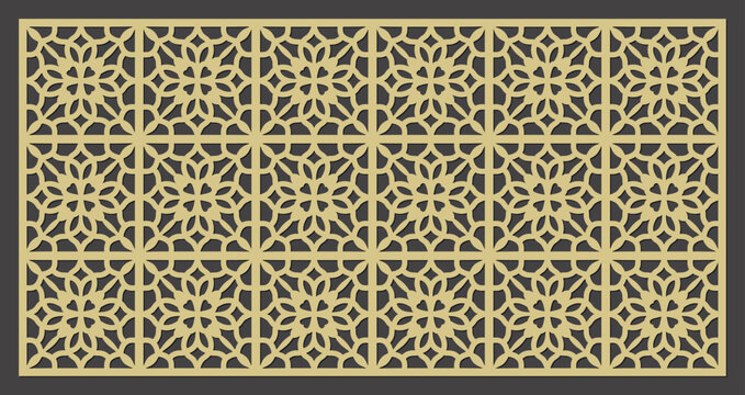 Geometric pattern laser cut screen with intricate floral motifs and repeating symmetrical design elements vector