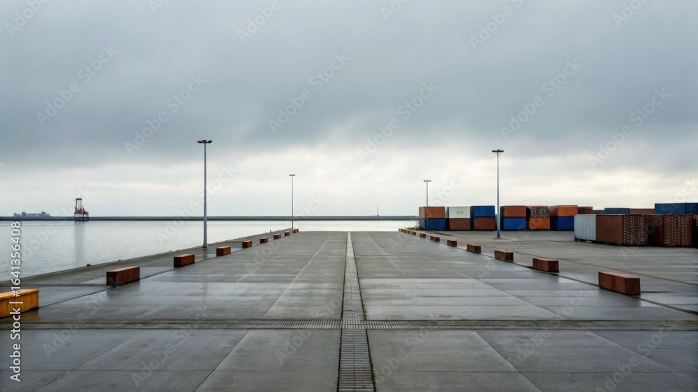 Poster a tranquil harbor scene featuring a wide, empty dock lined with shipping containers under a cloudy s