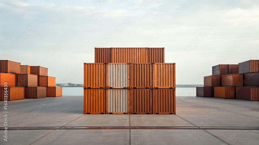 Poster a stack of cargo containers arranged in a geometric pattern at a port, with a clear sky and water in