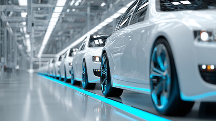 Obraz premium Modern EV Car Assembly Line in High Tech Automotive Factory 