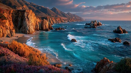 Coastal landscape at sunset, featuring dramatic cliffs, a sandy beach, and turquoise water