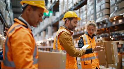 Workers take inventory in a warehouse while discussing shipment logistics in the afternoon - Powered by Adobe
