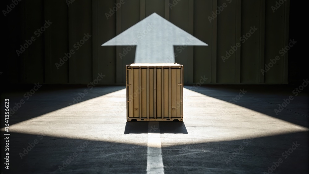 Poster a wooden crate sits in a dark space, illuminated by a spotlight that creates a large arrow shape abo