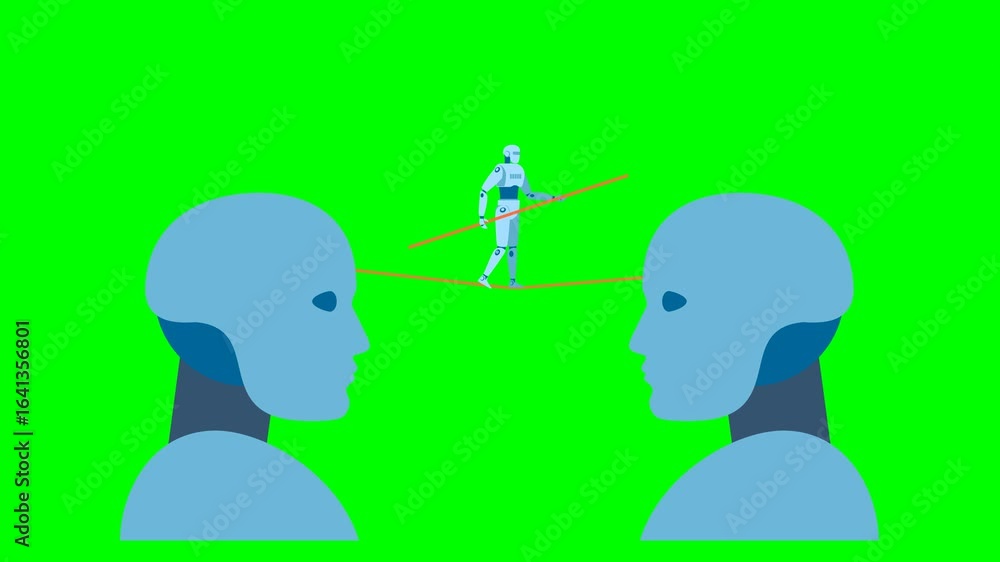Poster balance between two robots with ai. input data. two silhouettes of a robot head, between which a ful