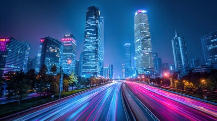 Fototapeta premium Futuristic Cityscape at Night with Light Trails: Urban Metropolis and Modern Architecture