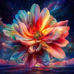 Fototapeta premium Cosmic Bloom A giant cosmic flower bursting into vibrant surreal petals against a starry sky epic and colorful