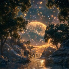Obraz premium Celestial Oasis A hidden oasis lit by the soft glow of a surreal distant planet calm and extraordinary