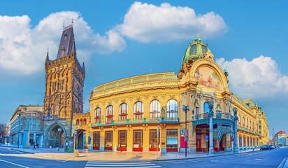 Panorama with Gothic Powder Tower and Baroque Municipal House, Prague, Czech Republic