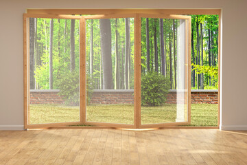 Empty living room with a view of the forest. 3D rendering