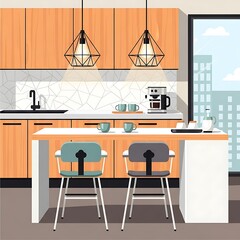 Cozy Kitchen Interior with Geometric Pendant Lights and Cityscape Views from the Window