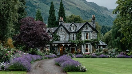 A stately gray stone house nestled in a lush garden, flanked by purple lavender bushes and a paved driveway, with a backdrop of rolling hills and trees