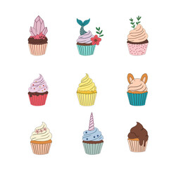 seamless pattern with cupcakes. Cupcake seamless pattern. Set Of cupcake. Cute Cupcakes Seamless Pattern. Vector illustration of cupcakes. Set of cakes.
