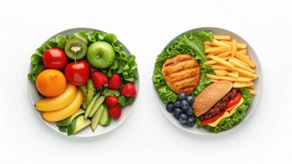 Balanced meal plates showcasing healthy fruits and vegetables on one side and indulgent options like fries and a burger on the other.