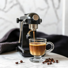 Sleek espresso machine brews rich cup of coffee, surrounded by coffee beans, creating cozy atmosphere for coffee lovers